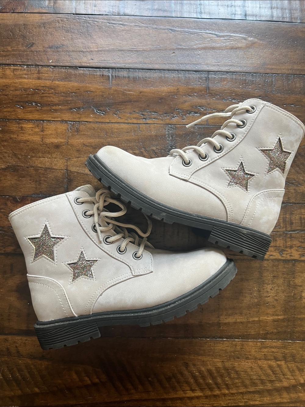 Beige Star Accent Lace-Up Combat Boots